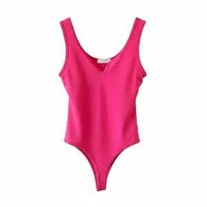 Zenana Bodysuit Womens Size L Hot Pink Sleeveless V-Neck Thong Stretch